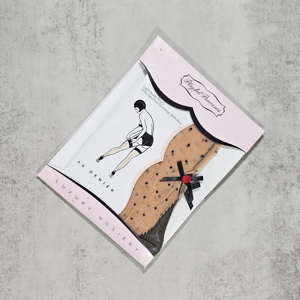 Playful Promises Sheer Dotted Seamed Stockings with Bow, Nude/Black, Size S